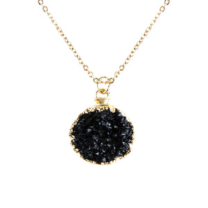 Jet Black Tone Faux Geode Crystal Gold-tone Pendant On Exciting Adjustable Gold-tone Chain Link Necklace