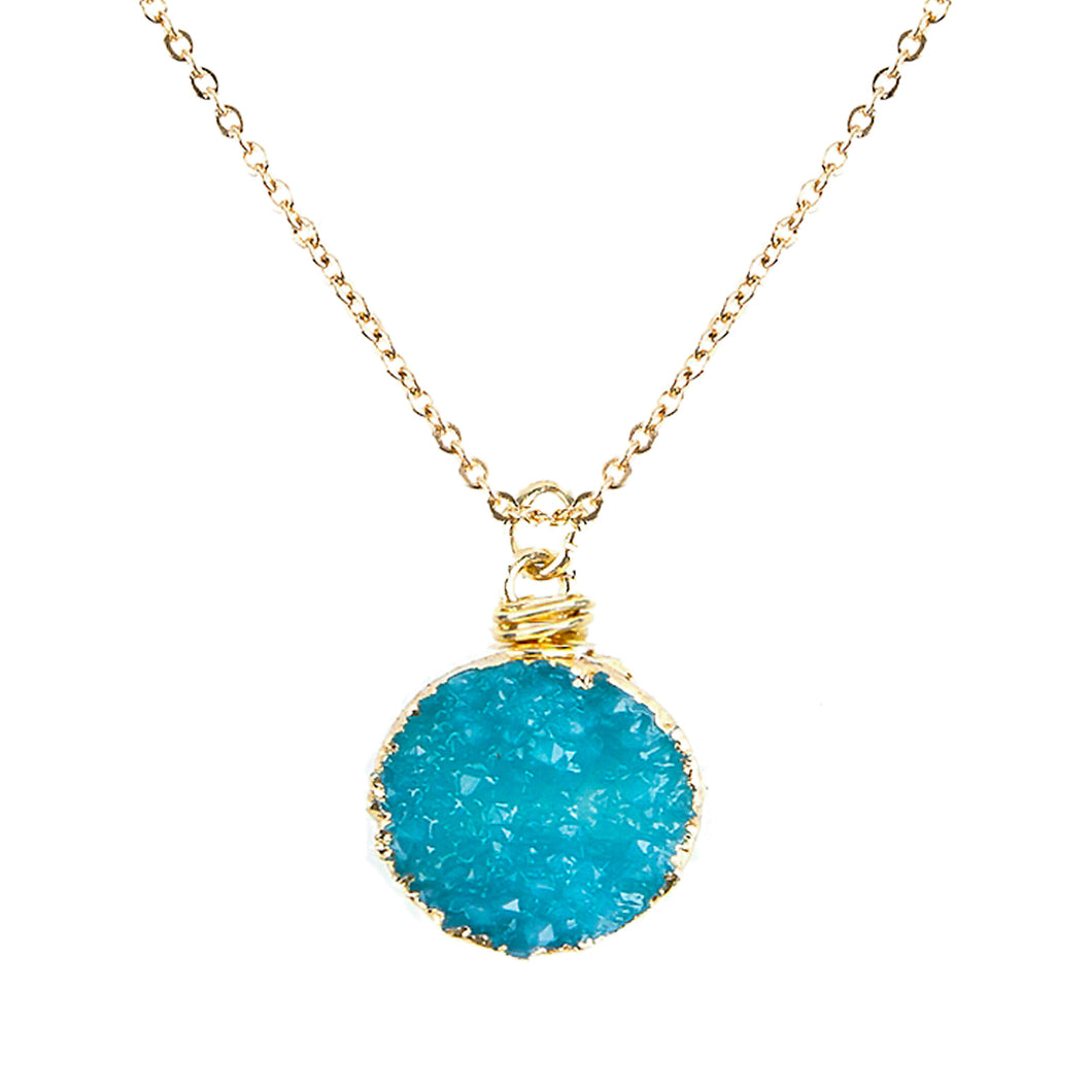 Aquamarine Tone Faux Geode Crystal Gold-tone Pendant On Exciting Adjustable Gold-tone Chain Link Necklace
